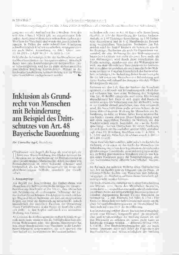 Vorschauseite 1: Inklusion als Grundrecht von Menschen mit Behinderung am Beispiel des Drittschutzes von Art. 48 Bayerische Bauordnung