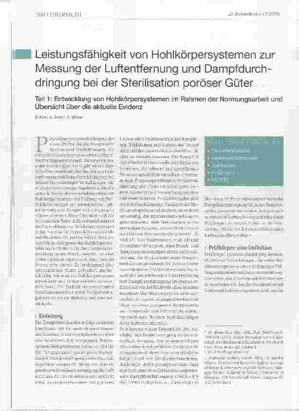 Vorschauseite 1: Leistungsfähigkeit von Hohlkörpersystemen zur Messung der Luftentfernung und Dampfdurch-dringung bei der Sterilisation poröser Güter Teil 1: Entwicklung von Hohlkörpersystemen im…