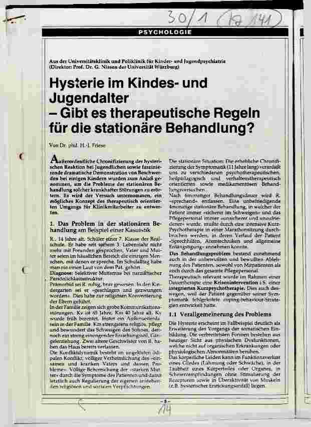 Vorschauseite 1: Hysterie im Kindesund Jugendalter -Gibt es therapeutische Regeln für die stationäre Behandlung