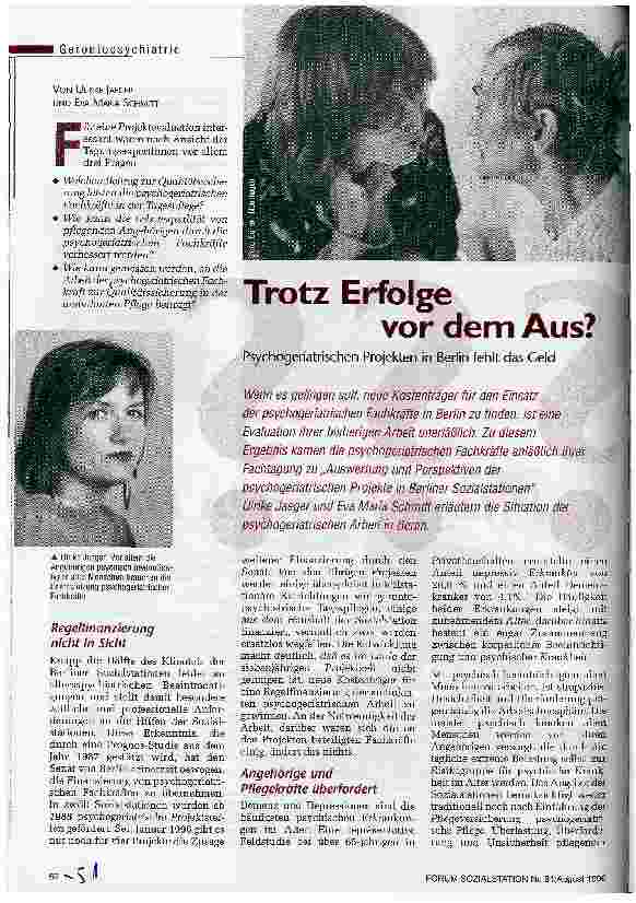 Vorschauseite 1: Trotz Erfolge vor dem Aus? Psychogeriatrischen Projekten fehlt das Geld