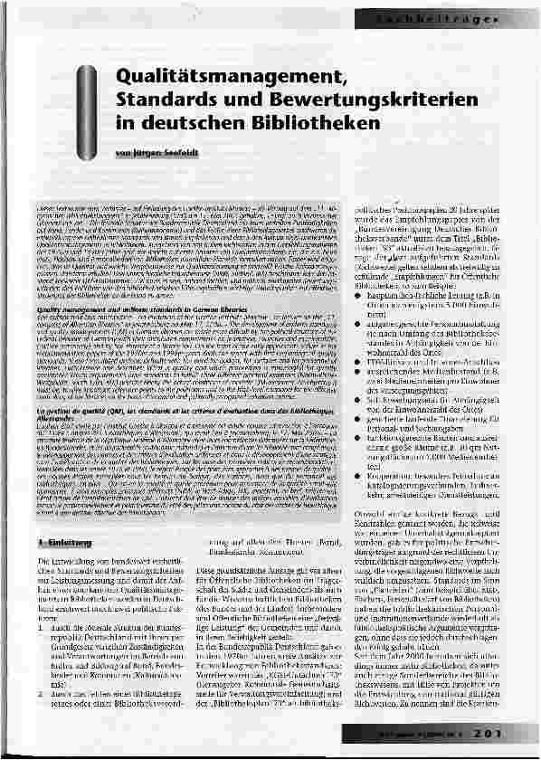 Vorschauseite 1: Qualitätsmanagement, Standards und Bewertungskriterienin deutschen Bibliotheken