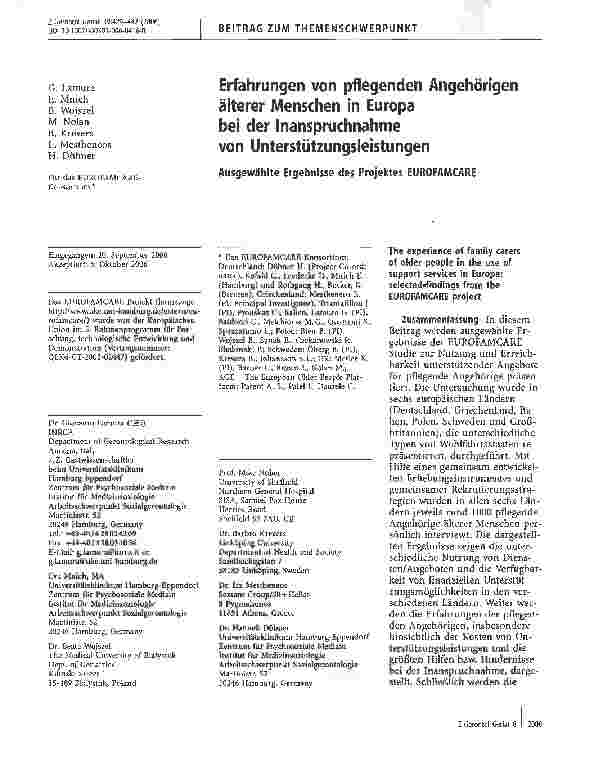 Vorschauseite 1: Erfahrungen von pflegenden Angehörigen älterer Menschen in Europa bei der Inanspruchnahme von Unterstützungsleistungen