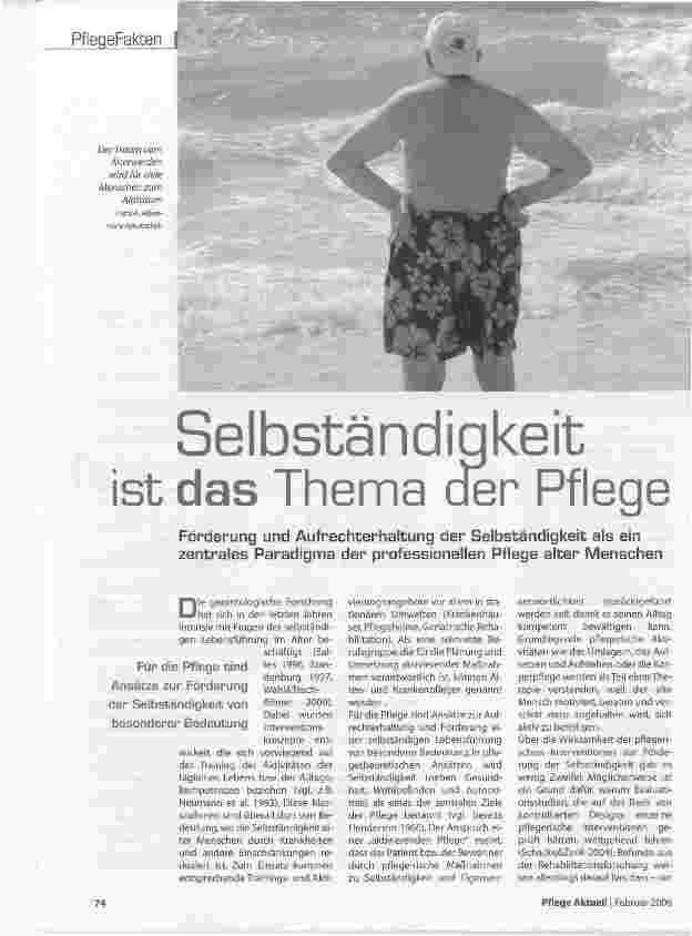Vorschauseite 1: Selbständigkeit ist das Thema der PflegeFörderung und Aufrechterhaltung der Selbständigkeit als ein zentrales Paradigma der professionellen Pflege alter Menschen