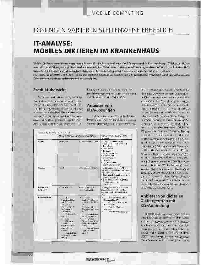 Vorschauseite 1: Lösungen variieren stellenweise erheblichIT-Analyse: mobiles diktieren im Krankenhaus