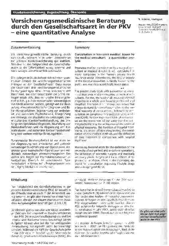 Vorschauseite 1: Versicherungsmedizinische Beratung durch den Gesellschaftsarzt in der PKV - eine quantitative Analyse