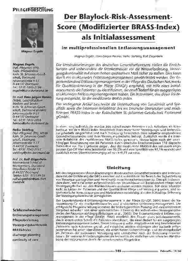 Vorschauseite 1: Der Blaylock Risk Assessment Score (Modifizierter BRASS-Index) als Initialassessment im multiprofessionellen Entlassungsmanagement