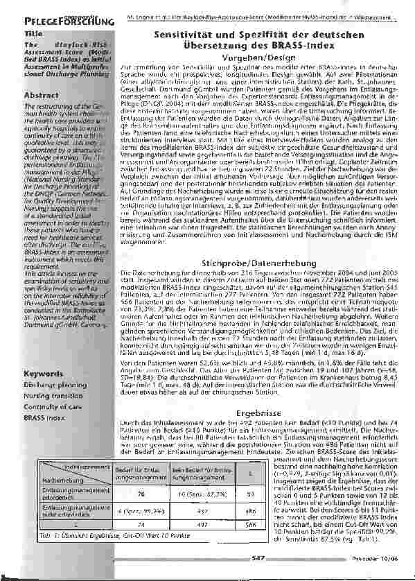 Vorschauseite 3: Der Blaylock Risk Assessment Score (Modifizierter BRASS-Index) als Initialassessment im multiprofessionellen Entlassungsmanagement
