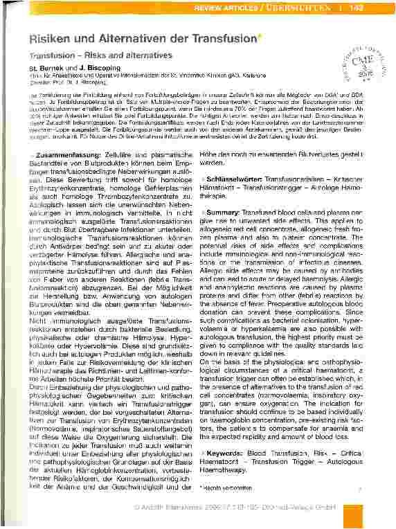 Vorschauseite 1: Risiken und Alternativen der Transfusion