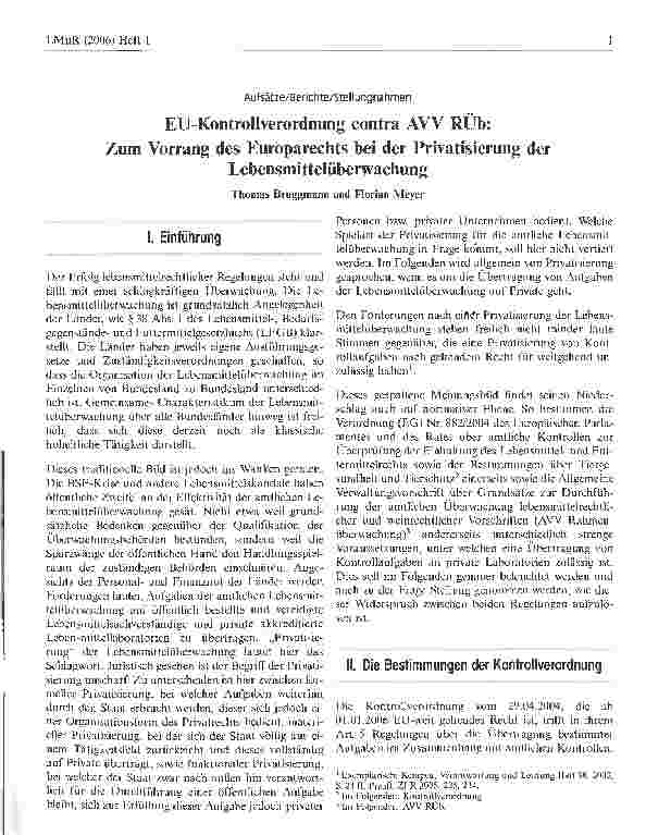 Vorschauseite 1: EU-Kontrollverordnung contra AVV RÜb:Zum Vorrang des Europarechts bei der Privatisierung derLebensmittelüberwachung