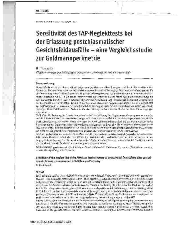 Vorschauseite 1: Sensitivität des TAP-Neglekttests bei der Erfassung postchiasmatischer Gesichtsfeldausfälle - eine Vergleichsstudie zur Goldmannperimetrie