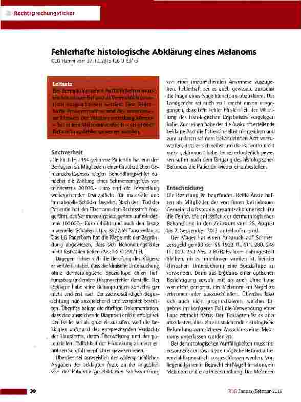 Vorschauseite 1: Fehlerhafte histologische Abklärung eines Melanoms