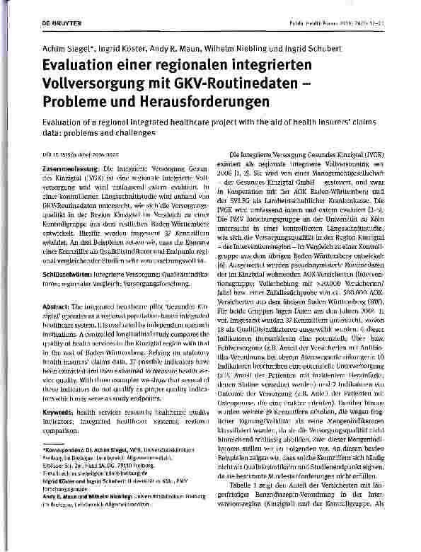 Vorschauseite 1: Evaluation einer regionalen integrierten Vollversorgung mit GKV-Routinedaten -Probleme und Herausforderungen