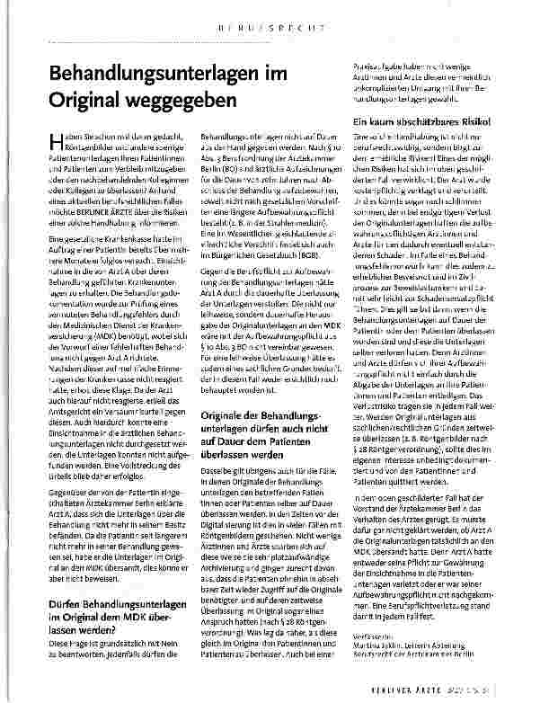 Vorschauseite 1: Behandlungsunterlagen im Original weggegeben