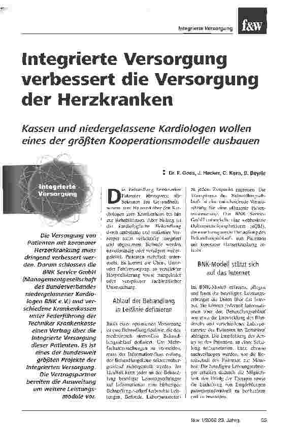 Vorschauseite 1: Integrierte Versorgung verbessert die Versorgung der HerzkrankenKassen und niedergelassene Kardiologen wollen eines der größten Kooperationsmodelle ausbauen