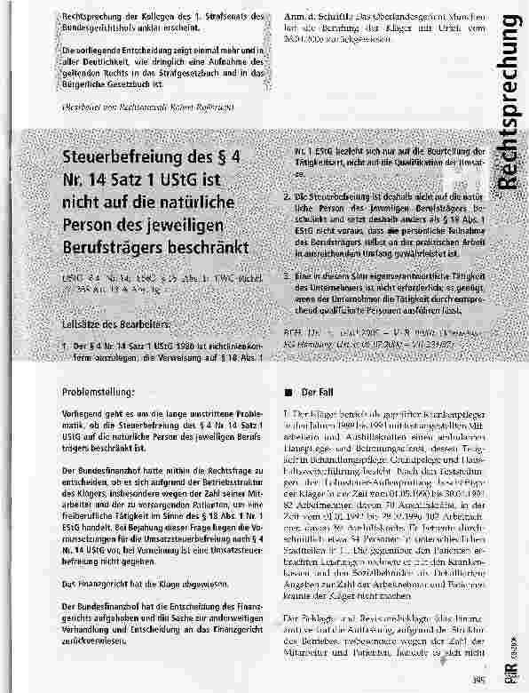Vorschauseite 1: Steuerbefreiung des § 4 Nr. 14 Satz 1 UStG ist nicht auf die natürliche Person des jeweiligen Berufsträgers beschränkt