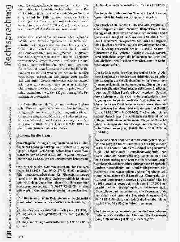 Vorschauseite 4: Steuerbefreiung des § 4 Nr. 14 Satz 1 UStG ist nicht auf die natürliche Person des jeweiligen Berufsträgers beschränkt