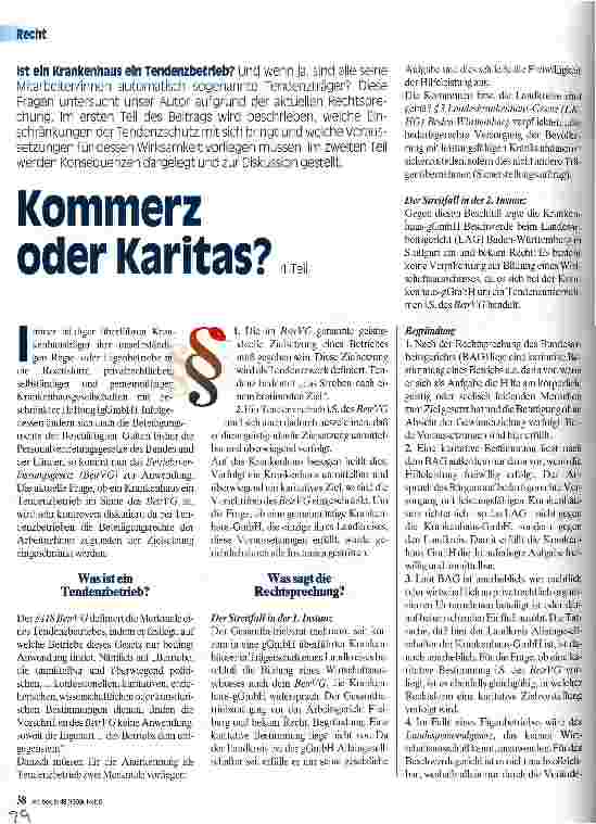 Vorschauseite 1: Kommerz oder Karitas? Ist ein Krankenhaus ein Tendenzbetrieb? Teil 1