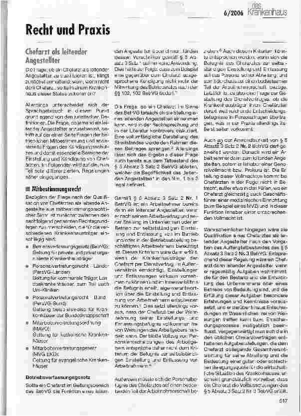 Vorschauseite 1: Recht und Praxis - Chefarzt als leitender Angestellter