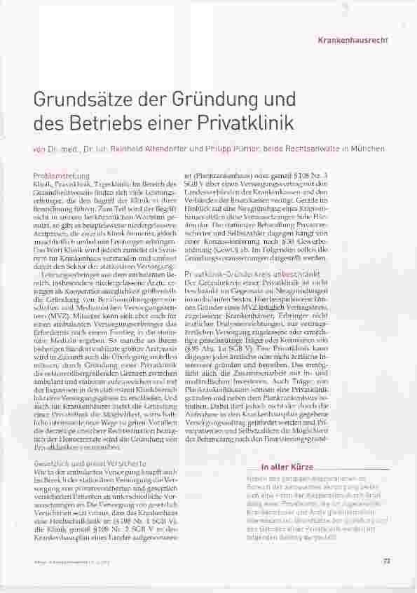 Vorschauseite 1: Grundsätze der Gründung und des Betriebs einer Privatklinik