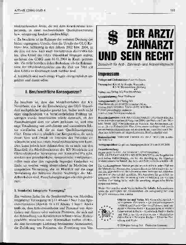 Vorschauseite 5: Pauschalentgelte von Krankenhäusern an niedergelassene Ärzte - zulässige Zuweiserbindung oder berufsrechtswidrige Provision?