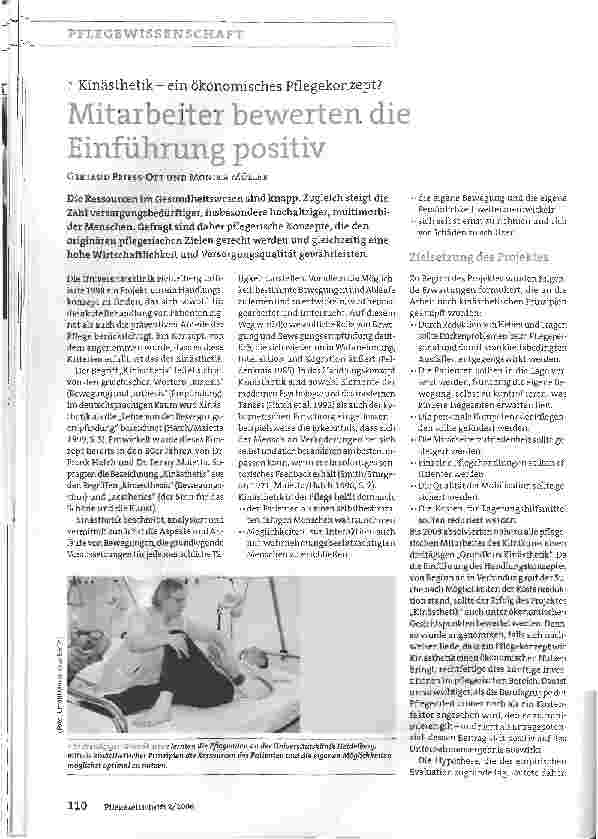 Vorschauseite 1: Kinästhetik - ein ökonomisches Pflegekonzept? Mitarbeiter bewerten die Einführung positiv