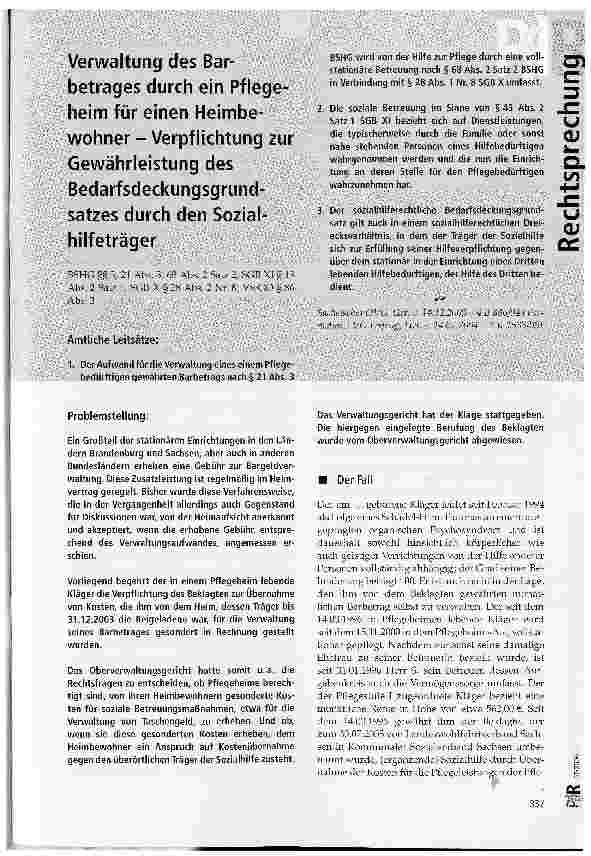 Vorschauseite 1: Verwaltung des Barbetrages durch ein Pflegeheim für einen Heimbewohner - Verpflichtung zur Gewährleistung des Bedarfsdeckungsgrundsatzes durch den Sozialhilfeträger