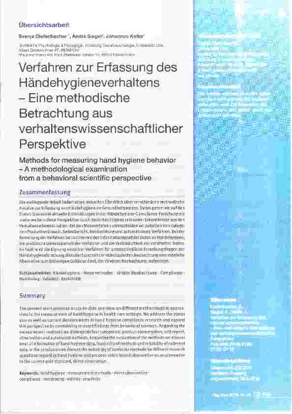 Vorschauseite 1: Verfahren zur Erfassung des HändehygieneverhaltensEine methodische Betrachtung aus verhaltenswissenschaftlicher Perspektive