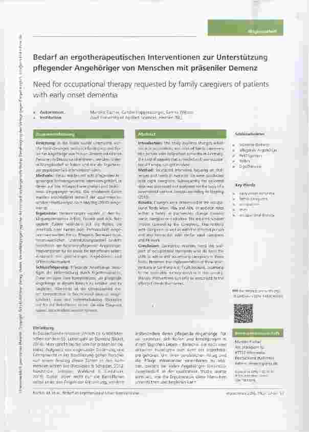 Vorschauseite 1: Bedarf an ergotherapeutischen Interventionen zur Unterstützung pflegender Angehöriger von Menschen mit präseniler Demenz