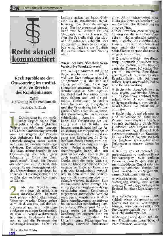 Vorschauseite 1: Rechtsprobleme des Outsourcing im medizinischen Bereich des Krankenhauses - Teil I: Einführung in die Problematik