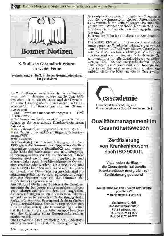 Vorschauseite 1: Bonner Notizen 3. Stufe der Gesundheitsreform in weiter Ferne