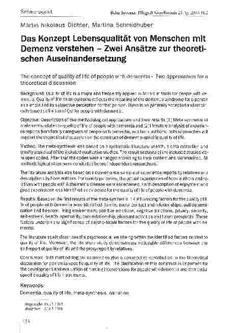 Vorschauseite 1: Das Konzept Lebensqualität von Menschen mit Demenz verstehenZwei Ansätze zur theoretischen Auseinandersetzung