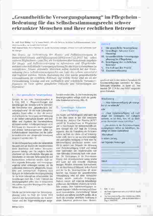 Vorschauseite 1: „Gesundheitliche Versorgungsplanung“ im Pflegeheim Bedeutung für das Selhsthestimmungsrecht schwer erkrankter Menschen und ihrer rechtlichen Betreuer