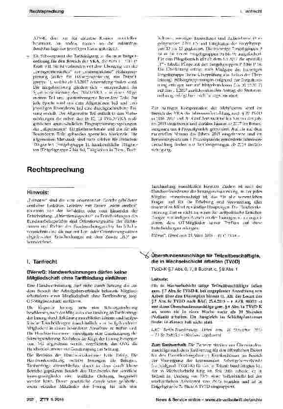 Vorschauseite 1: Überstundenzuschläge für Teilzeitbeschäftigte, die in Wechselschicht arbeiten (TVöD)TVöD-K § 7 Abs. 6, 7, 8 Buchst, c, § 8 Abs. 1