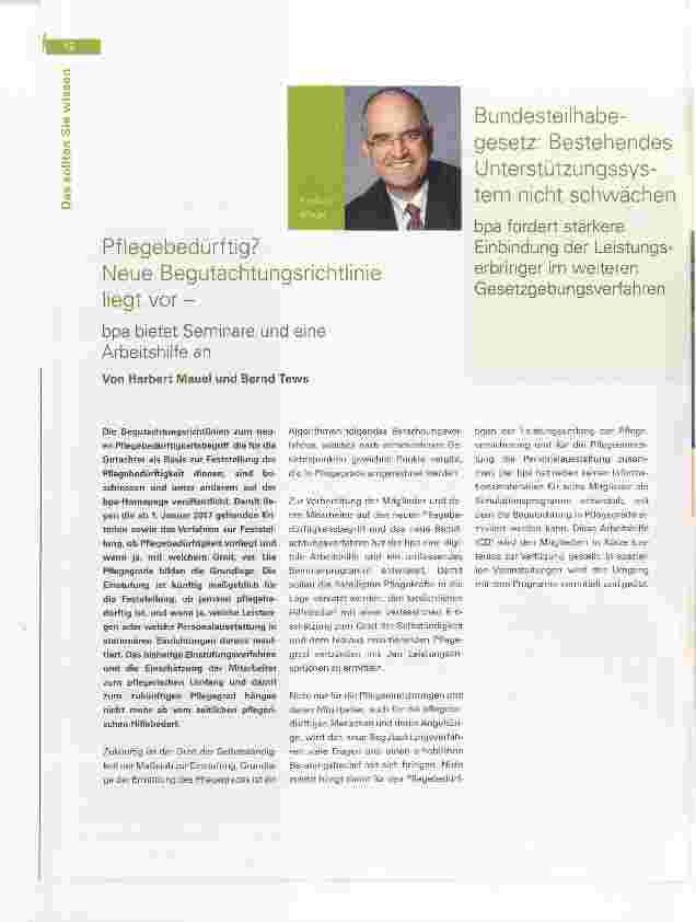 Vorschauseite 1: Pflegebedürftig? Neue Begutachtungsrichtlinie liegt vor bpa bietet Seminare und eine Arbeitshilfe an