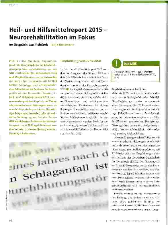 Vorschauseite 1: Heilund Hilfsmittelreport 2015 Neurorehabilitation im Fokus