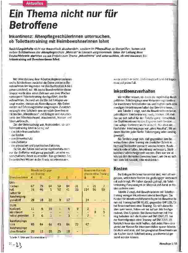 Vorschauseite 1: Ein Thema nicht nur für Betroffene Inkontinenz: AltenpflegeschülerInnen untersuchen, ob Toilettentraining mit HeimbewohnerInnen lohnt