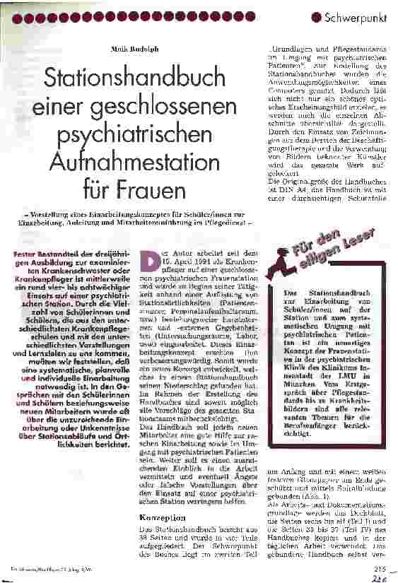 Vorschauseite 1: Stationshandbuch einer geschlossenen psychiatrischen Aufnahmestation für Frauen Vorstellung eines Einarbeitungskonzeptes für SchülerInnen zur Einarbeitung, Anleitung und Mitarbeit…