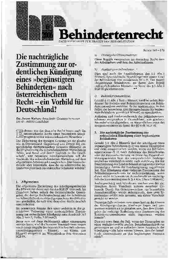 Vorschauseite 1: Die nachträgliche Zustimmung zur ordentlichen Kündigung eines begünstigten Behinderten nach österreichischem Recht - ein Vorbild für Deutschland?