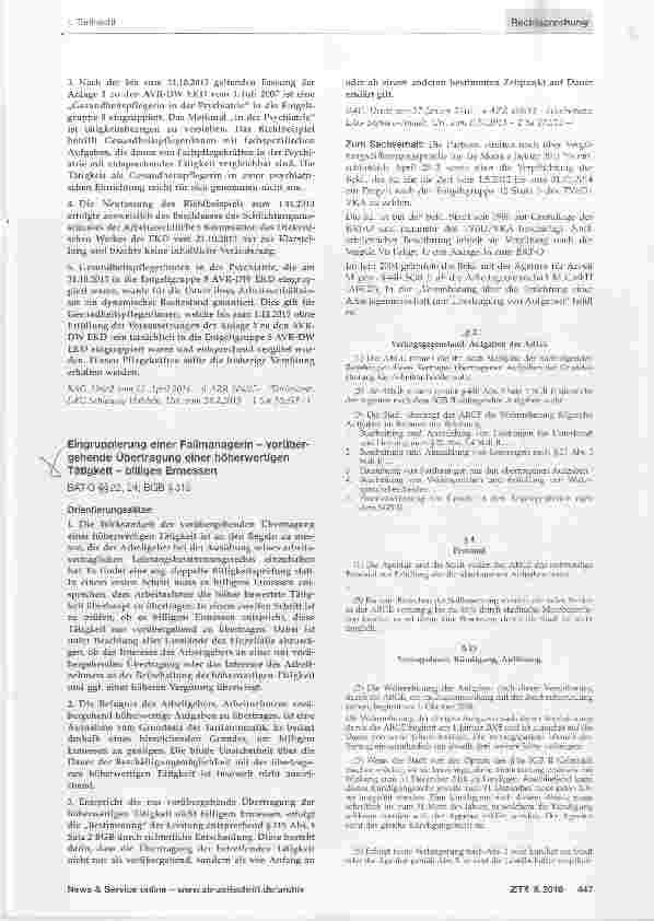 Vorschauseite 1: Eingruppierung einer Fallmanagerin vorübergehende Übertragung einer höherwertigen Tätigkeit billiges ErmessenBAT-0 §§22, 24; BGB §315