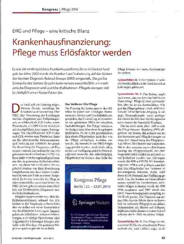 Vorschauseite 1: DRG und Pflege - eine kritische Bilanz Krankenhausfinanzierung: Pflege muss Erlösfaktor werden