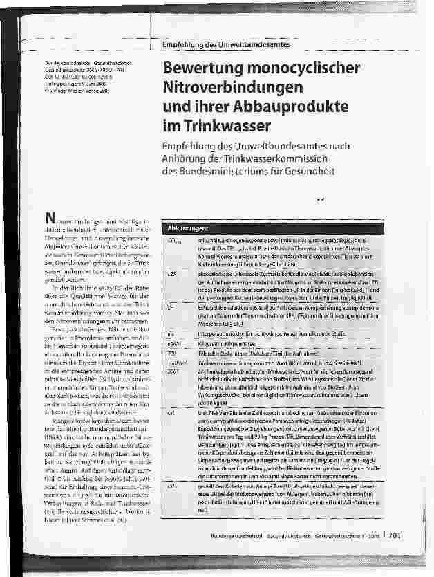 Vorschauseite 1: Bewertung monocyclischer Nitroverbindungen und ihrer Abbauprodukte im Trinkwasser