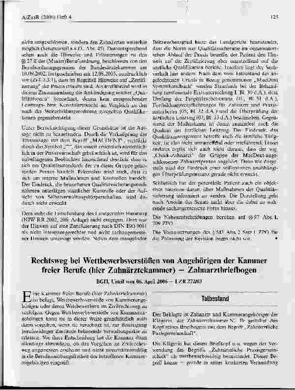 Vorschauseite 1: Rechtsweg bei Wettbewerbsverstößen von Angehörigen der Kammer freier Berufe (hier Zahnärztekammer) - Zahnarztbriefbogen