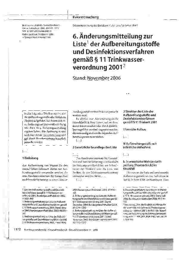 Vorschauseite 1: 6. Änderungsmitteilung zur Liste1 der Aufbereitungsstoffe und Desinfektionsverfahren gemäß § 11 Trinkwasserverordnung 20012Stand: November 2006