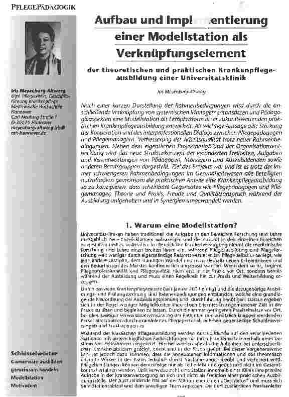 Vorschauseite 1: Aufbau und Implementierung einer Modellstation als Verknüpfungselement der theoretischen und praktischen Krankenpflegeausbildung einer Universitätsklinik