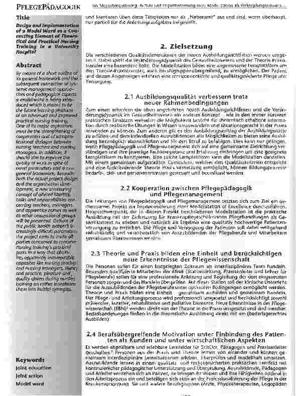 Vorschauseite 2: Aufbau und Implementierung einer Modellstation als Verknüpfungselement der theoretischen und praktischen Krankenpflegeausbildung einer Universitätsklinik