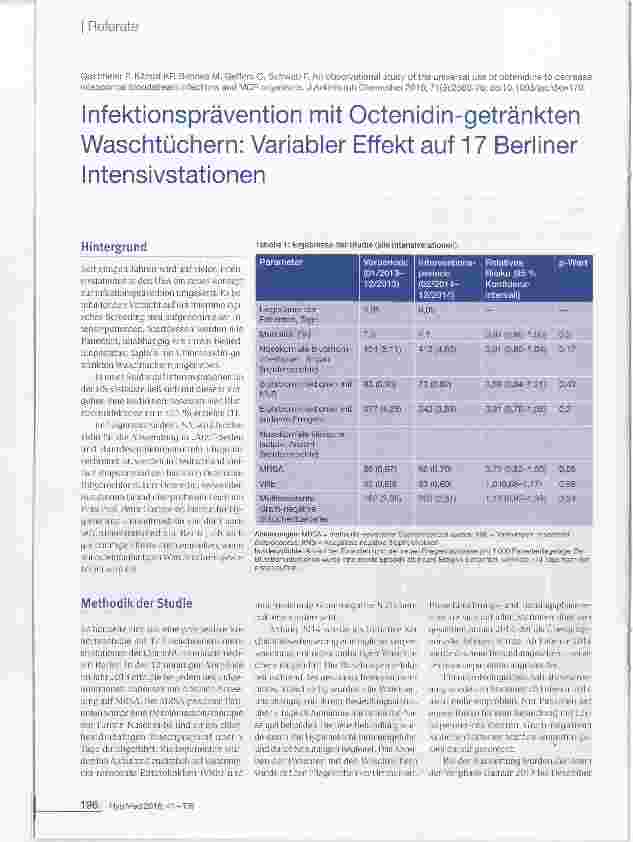 Vorschauseite 1: Infektionsprävention mit Octenidingetränkten Waschtüchern: Variabler Effekt auf 17 Berliner Intensivstationen