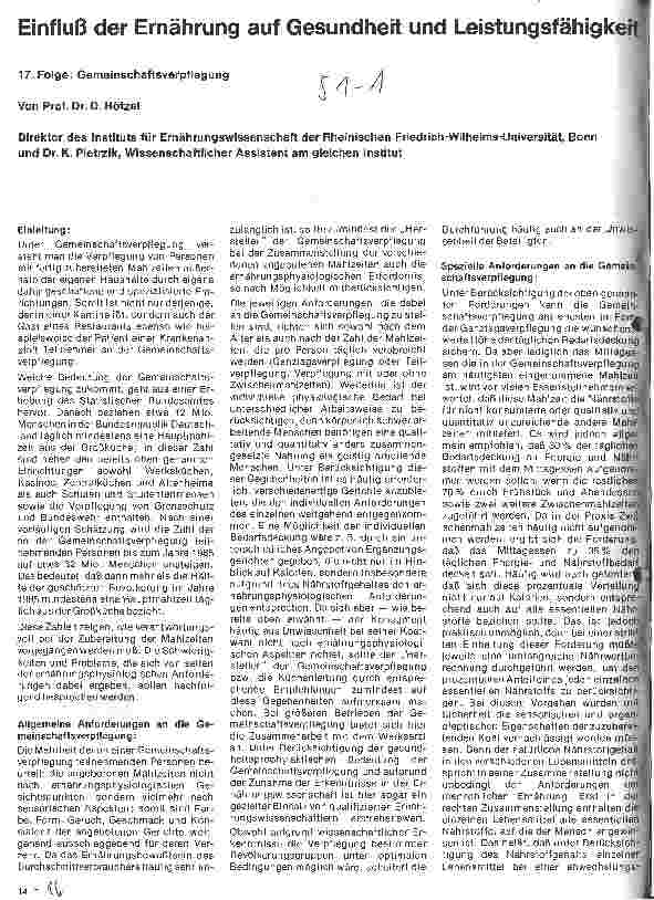 Vorschauseite 1: Einfluß der Ernährung auf Gesundheit und Leistungsfähigkeit 17. Folge: Gemeinschaftsverpflegung