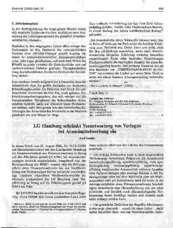Vorschauseite 1: LG Hamburg schränkt Verantwortung von Verlagen bei Arzneimittelwerbung ein