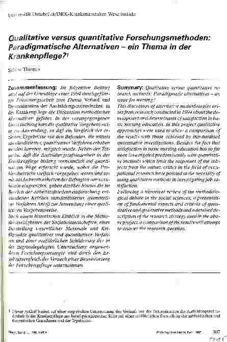 Vorschauseite 1: Qualitative versus quantitative Forschungsmethoden: Paradigmatische Alternativen - ein Thema in der Krankenpflege?