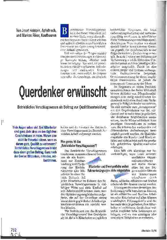 Vorschauseite 1: Querdenker erwünscht Betriebliches Vorschlagwesen als Beitrag zur Qualitätsentwicklung